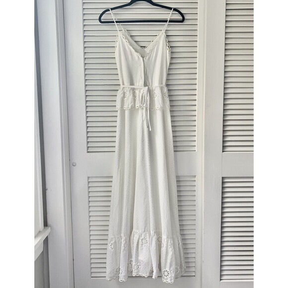 Vintage 1970s 70s White Polka Dot Embroidered Daisy Maxi Peplum Dress XS Boho - Picture 6 of 7